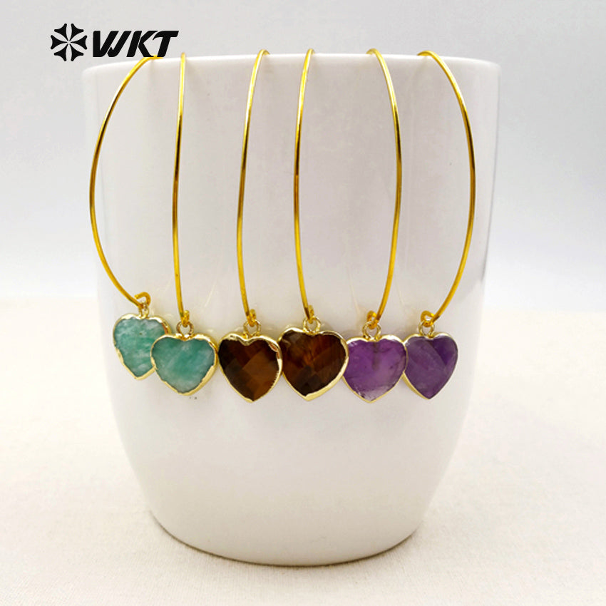 WT-E410 Amethyst Personalized Hook Earring Faceted Natural Heart Stone Drop Women Earring with Jewelry Gift Gold Plated Earring