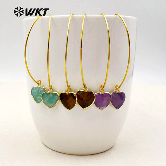 WT-E410 Amethyst Personalized Hook Earring Faceted Natural Heart Stone Drop Women Earring with Jewelry Gift Gold Plated Earring
