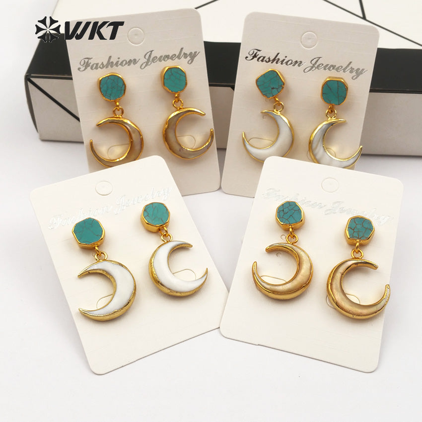 WT-E428 New Arrivals Open Moon Shape Earring Natural Green Stone on Top With White Shell or Yellow Shell Mosaic Drop Earring