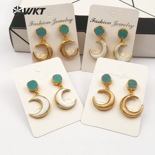 WT-E428 New Arrivals Open Moon Shape Earring Natural Green Stone on Top With White Shell or Yellow Shell Mosaic Drop Earring