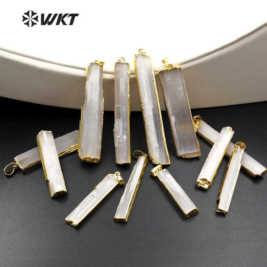 WT-P1180 Wholesale New Arrival Generous Design Pendant Natural Selenite bar Rectangle Shape Random Size with 24K Real Gold Plate