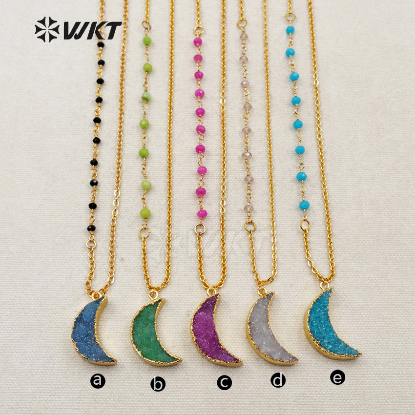 WT-N1079 WKT Wholesale New Fashion Design Colorful Unique Glass Beaded Chain Titanium Druzy Agate Crescent Horn Necklace