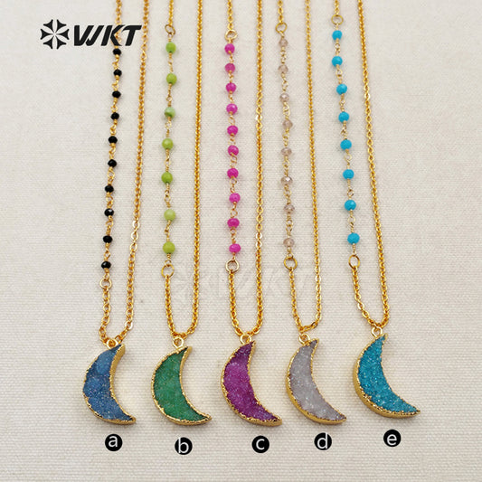 WT-N1079 WKT Wholesale New Fashion Design Colorful Unique Glass Beaded Chain Titanium Druzy Agate Crescent Horn Necklace
