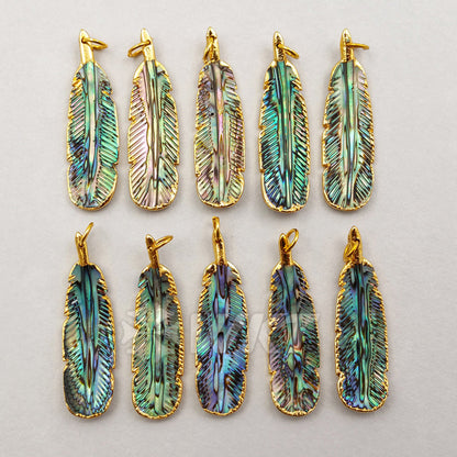WT-P1200 Amazing Small Size Hand Carved Abalone Feather Pendants, Hotsales Gold Trim Shell Feather Pendants 10*35mm