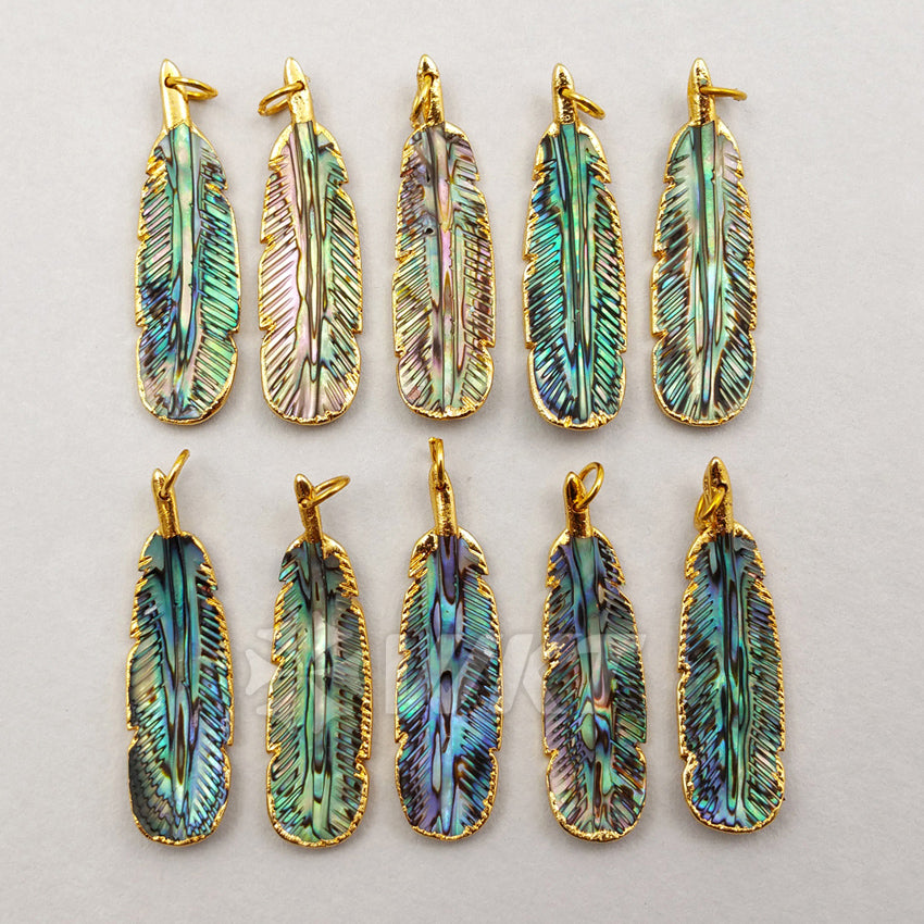 WT-P1200 Amazing Small Size Hand Carved Abalone Feather Pendants, Hotsales Gold Trim Shell Feather Pendants 10*35mm