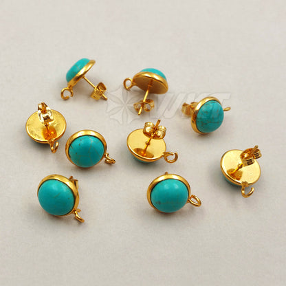 JF242 WKT Wholesale New Fashion Jewelry Findings Round Shape Real Gold Plated Green Turquoise Stud Earrings