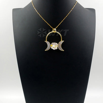 WT-N1075 WKT Wholesale Fashion Crescent Horn Drusy Ball Clear Crystal 24k Real Gold Plated Stick Chain Crystal Druzy Necklace