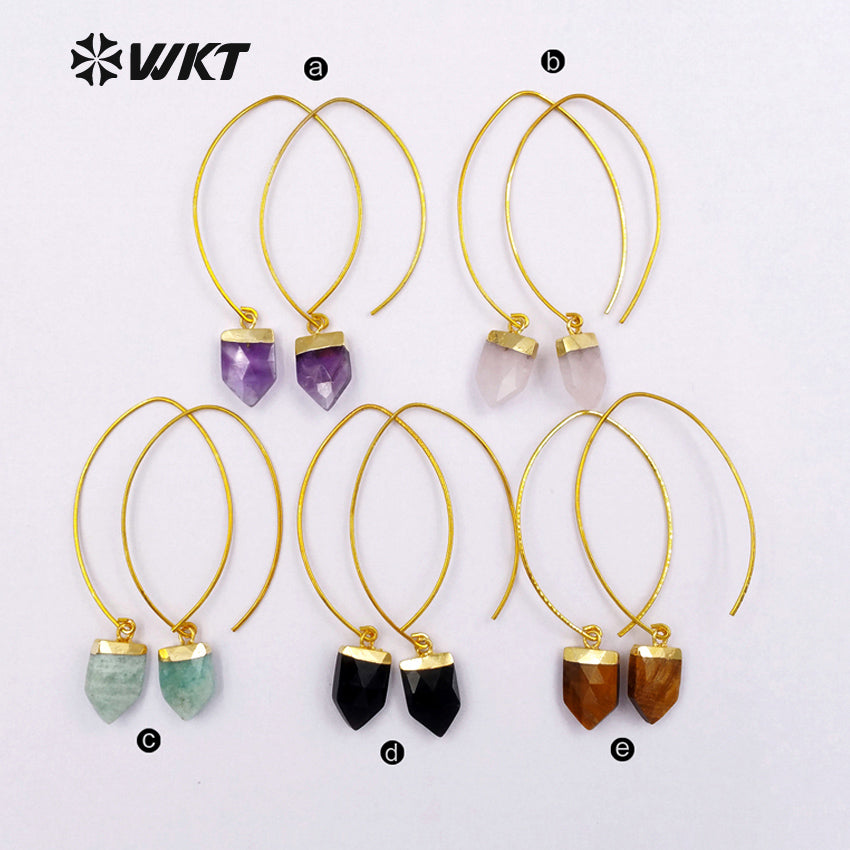 WT-E412 WKT New Fashion Real Gold Plated Hook Tapered Shape Gemstone Earrings With Unique Design Amethyst Earrings for Women
