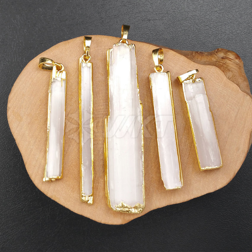 WT-P1180 Wholesale New Arrival Generous Design Pendant Natural Selenite bar Rectangle Shape Random Size with 24K Real Gold Plate
