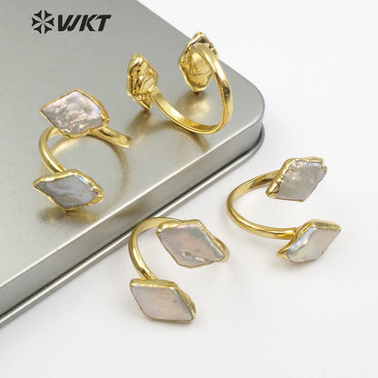 WT-R326 Classic Ring With Natural Shell Ring Embellished Geometric Elements Rhombus Ladies Double Layer Adjustable Pearl Ring