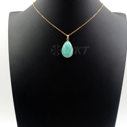 WT-N1085 WKT Wholesale New Fashion Natural Green Stone 24k Real Gold Wrapped on Edge Teardrop Turquoise Pendant Necklace