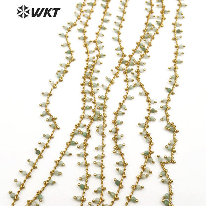 WT-RBC084 Wholesale Fashion Chain Sales by Meter a Combination of Green Chalcedony and Gold Beads Light Green Rosary Brass Chain