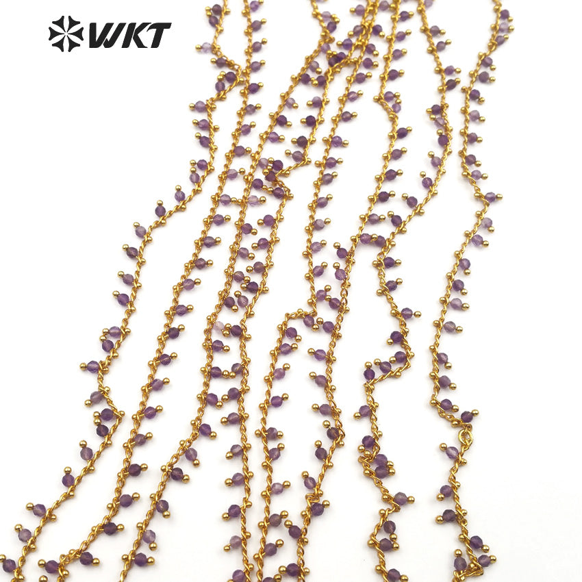WT-RBC087 Fashion Beautiful Mysterious High Quality Necklace Bracelet Chain Purple Natural Amethyst Stone Brass Rosary Chain