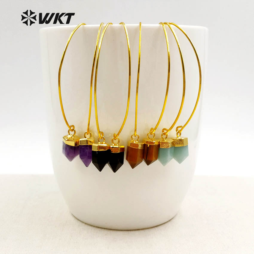 WT-E411 WKT Wholesale Real Gold Plated Bullet Shape With Hook Suitable for Women Tiger Eye Dangle Earrings