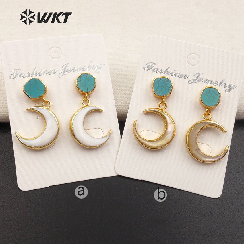 WT-E428 New Arrivals Open Moon Shape Earring Natural Green Stone on Top With White Shell or Yellow Shell Mosaic Drop Earring