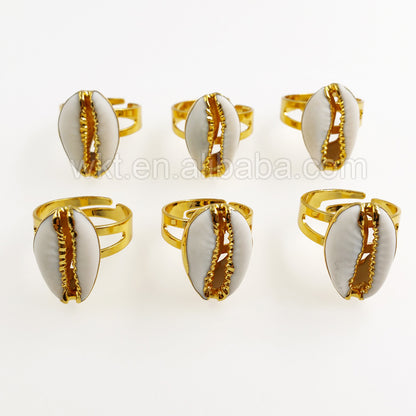 WT-R249 New!!! Handmade Cowries Shell Ring with 24k Real Gold Plated Shell Ring,Women Genuine Cowrie Shell Ring