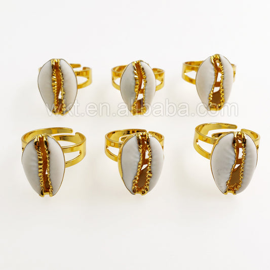 WT-R249 New!!! Handmade Cowries Shell Ring with 24k Real Gold Plated Shell Ring,Women Genuine Cowrie Shell Ring