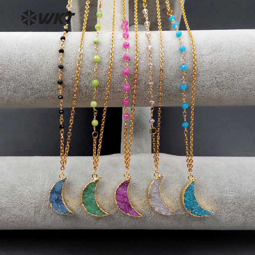 WT-N1079 WKT Wholesale New Fashion Design Colorful Unique Glass Beaded Chain Titanium Druzy Agate Crescent Horn Necklace