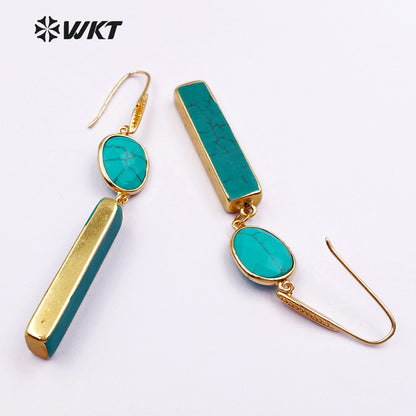 WT-E423 New!!! Green Natural Stone Strip Fashion Style Hook Earrings Rectangle Oval 24K Plated Earrings Faced Stone Earrings