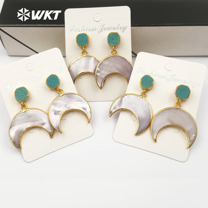 WT-E429 Exquisite Design Crescent Shape Pearl Shell Mosaic Natural Stone Gold Dipped Drop Earring Gift for Women