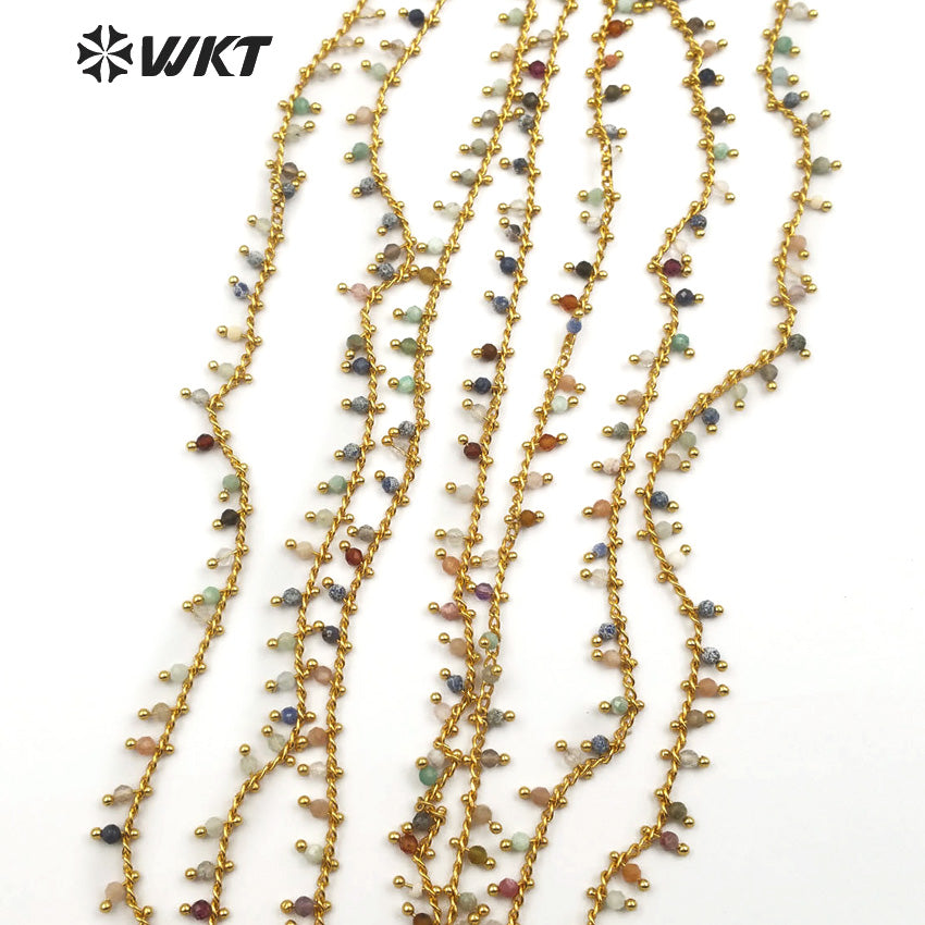 WT-RBC094 Wholesale 20 Meters Jewelry Making Necklace Natural Multicolor Stone Mixed with Rosary Brass Beads Chain