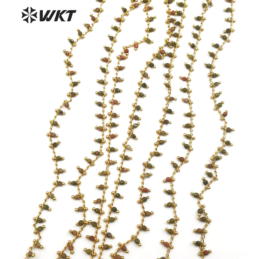 WT-RBC088 Multi-purpose Jewelry Making Necklace Bracelet Jewelry New Bean Green Granite Stone with Unakite Rosary Brass Chain