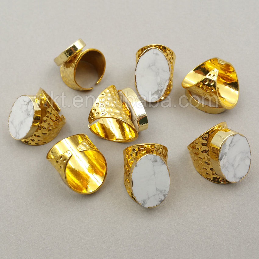 WT-R268 Simple Ring 24K Gold Plated Natural White Turquoise Ring for Women Wholesale Gold Bezel Ring