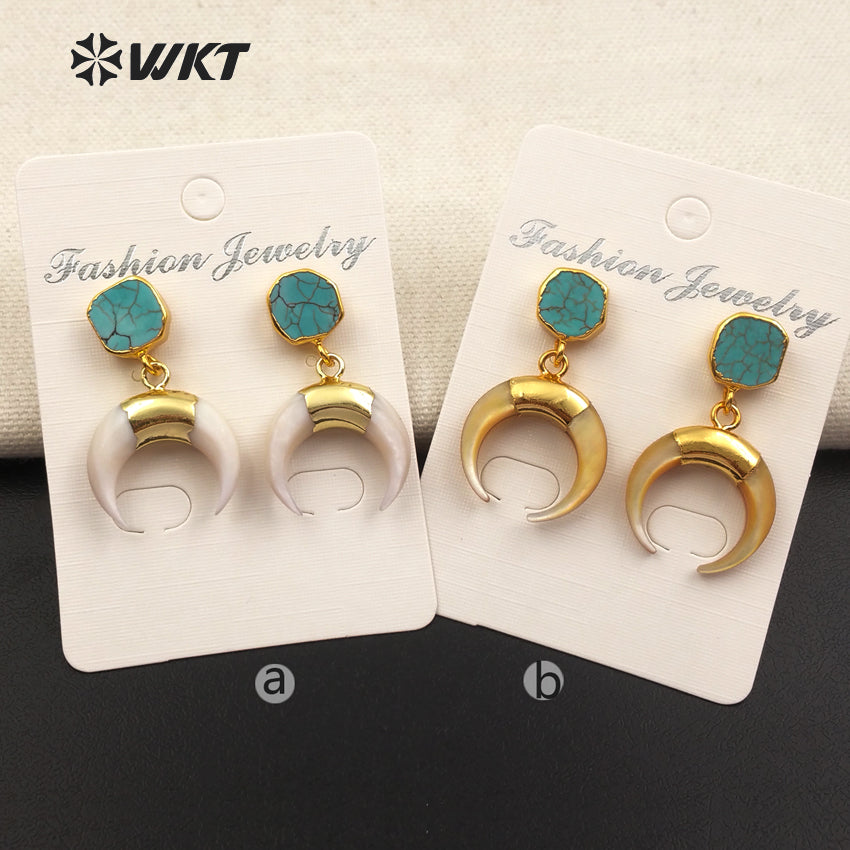 WT-E427 New Vintage Design Crescent Shape Natural Shell Drop Earring With Green Stone on Top Push Earring for Fashion Women
