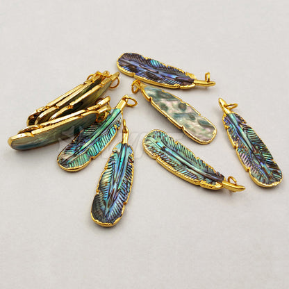 WT-P1200 Amazing Small Size Hand Carved Abalone Feather Pendants, Hotsales Gold Trim Shell Feather Pendants 10*35mm
