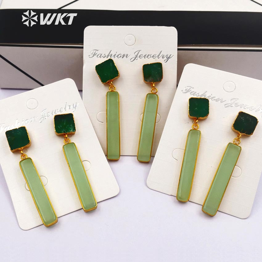 WT-E420 Simple Style Women Dangle Stone Earrings 24K Metal Plated Dark and Light Green Natural Stone Drop Earring Jewelry