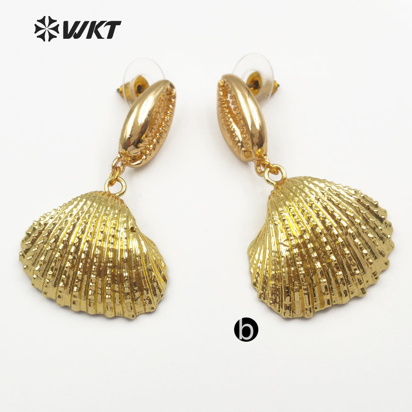 WT-E439 Wholesale New Arrived Shell Earrings for Girl With 18k Gold Plated Natural While Scallop Shell Earrings for Summer