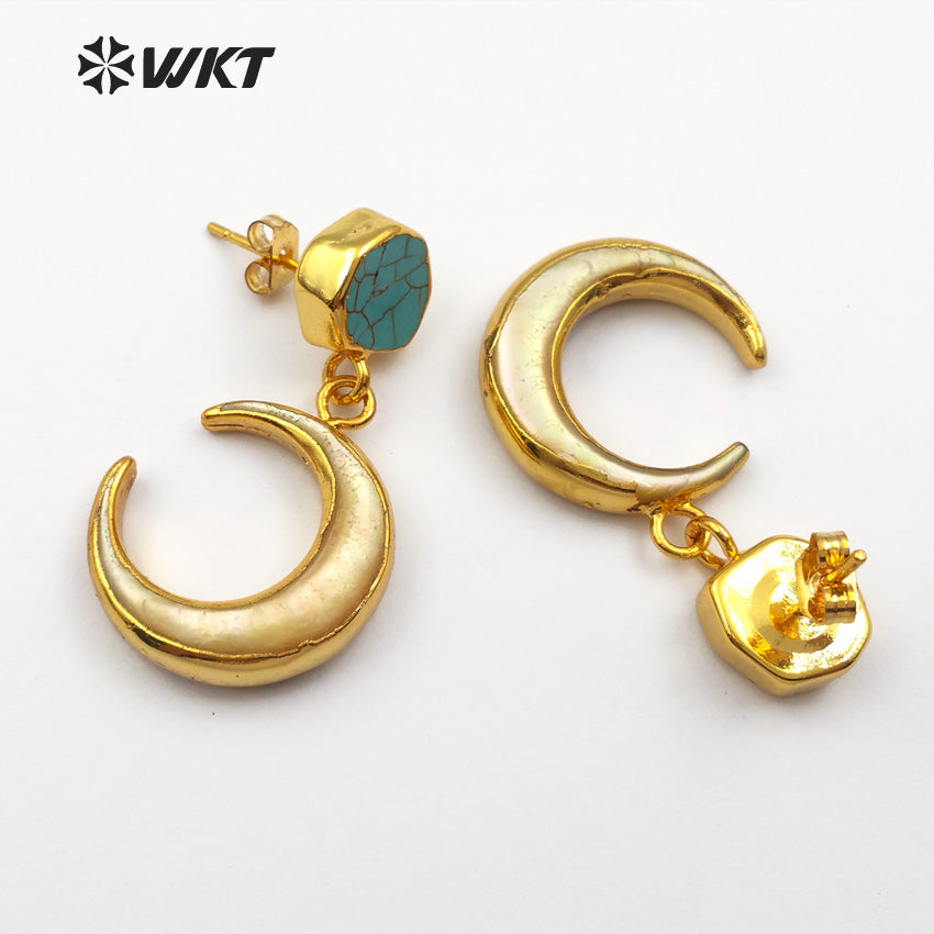 WT-E428 New Arrivals Open Moon Shape Earring Natural Green Stone on Top With White Shell or Yellow Shell Mosaic Drop Earring