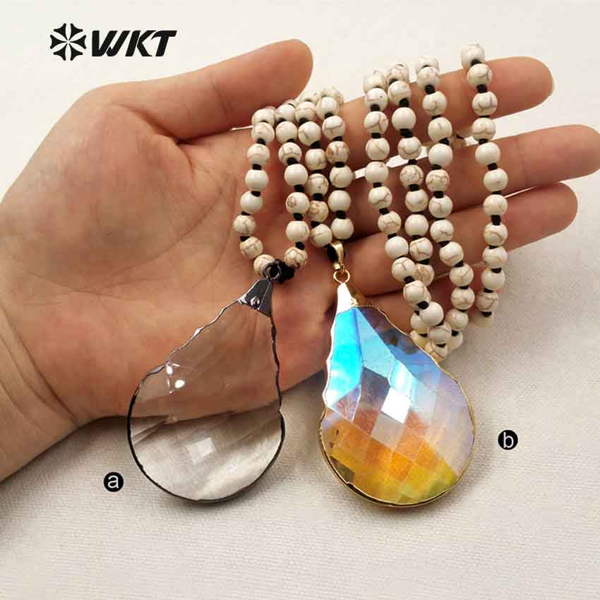 WT-N1096 WKT Wholesale New Fashion 6mm White Turquoise Beads 30 Inch Long Angel Faceted Teardrop Crystal Charm Necklace