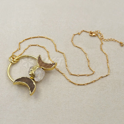 WT-N1075 WKT Wholesale Fashion Crescent Horn Drusy Ball Clear Crystal 24k Real Gold Plated Stick Chain Crystal Druzy Necklace