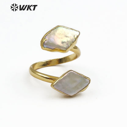 WT-R326 Classic Ring With Natural Shell Ring Embellished Geometric Elements Rhombus Ladies Double Layer Adjustable Pearl Ring