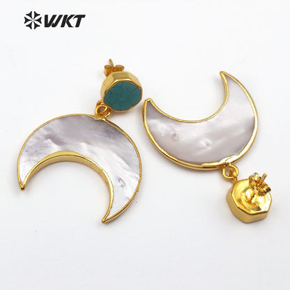 WT-E429 Exquisite Design Crescent Shape Pearl Shell Mosaic Natural Stone Gold Dipped Drop Earring Gift for Women