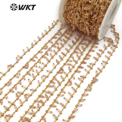 WT-RBC089 Pale Pink Color Quartz Handmade Rosary Chain for Jewelry Making Sold by Meter Healing Crystal Beaded Chain
