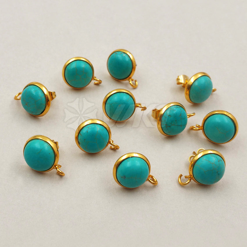 JF242 WKT Wholesale New Fashion Jewelry Findings Round Shape Real Gold Plated Green Turquoise Stud Earrings