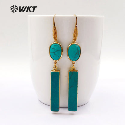 WT-E423 New!!! Green Natural Stone Strip Fashion Style Hook Earrings Rectangle Oval 24K Plated Earrings Faced Stone Earrings