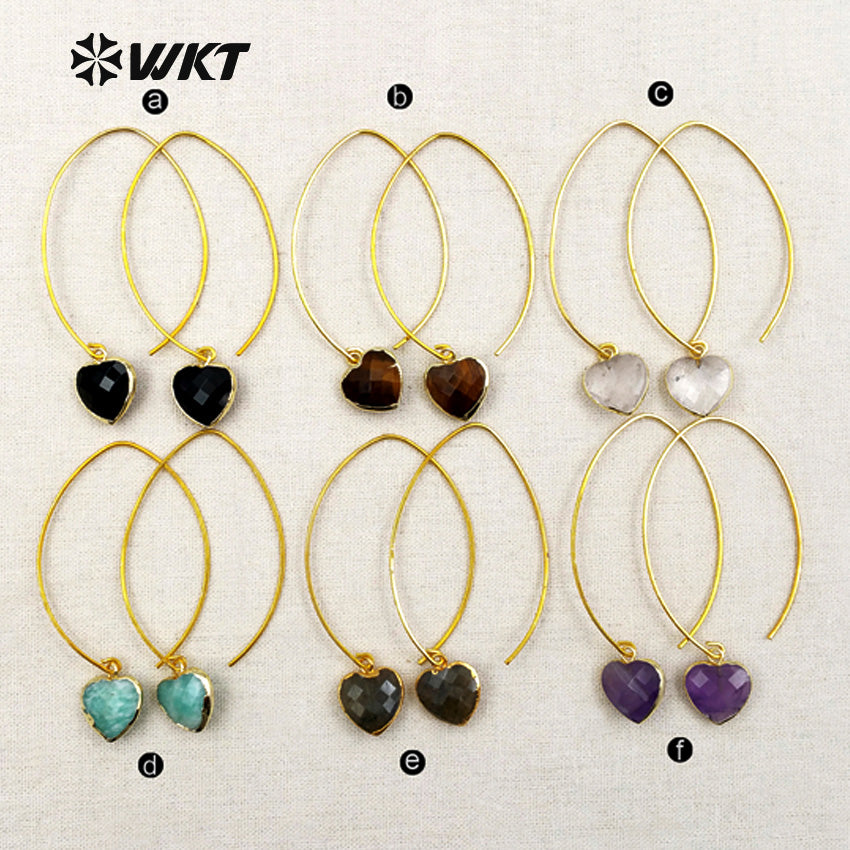 WT-E410 Amethyst Personalized Hook Earring Faceted Natural Heart Stone Drop Women Earring with Jewelry Gift Gold Plated Earring