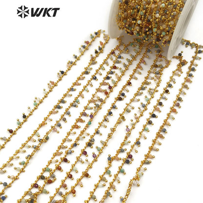 WT-RBC094 Wholesale 20 Meters Jewelry Making Necklace Natural Multicolor Stone Mixed with Rosary Brass Beads Chain