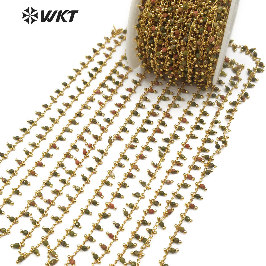 WT-RBC088 Multi-purpose Jewelry Making Necklace Bracelet Jewelry New Bean Green Granite Stone with Unakite Rosary Brass Chain