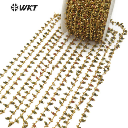 WT-RBC088 Multi-purpose Jewelry Making Necklace Bracelet Jewelry New Bean Green Granite Stone with Unakite Rosary Brass Chain