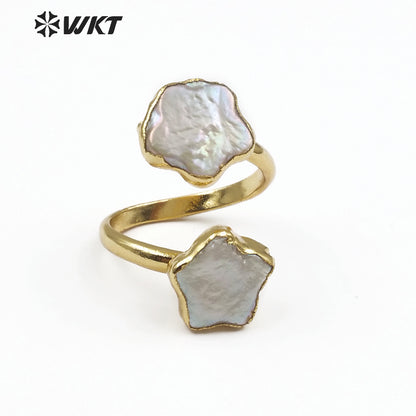 WT-R327 Stylish Small and Cute Natural Shell Rings With Pearls Dotted Flower Shape Ladies Double Layer Adjustable Pearl Rings