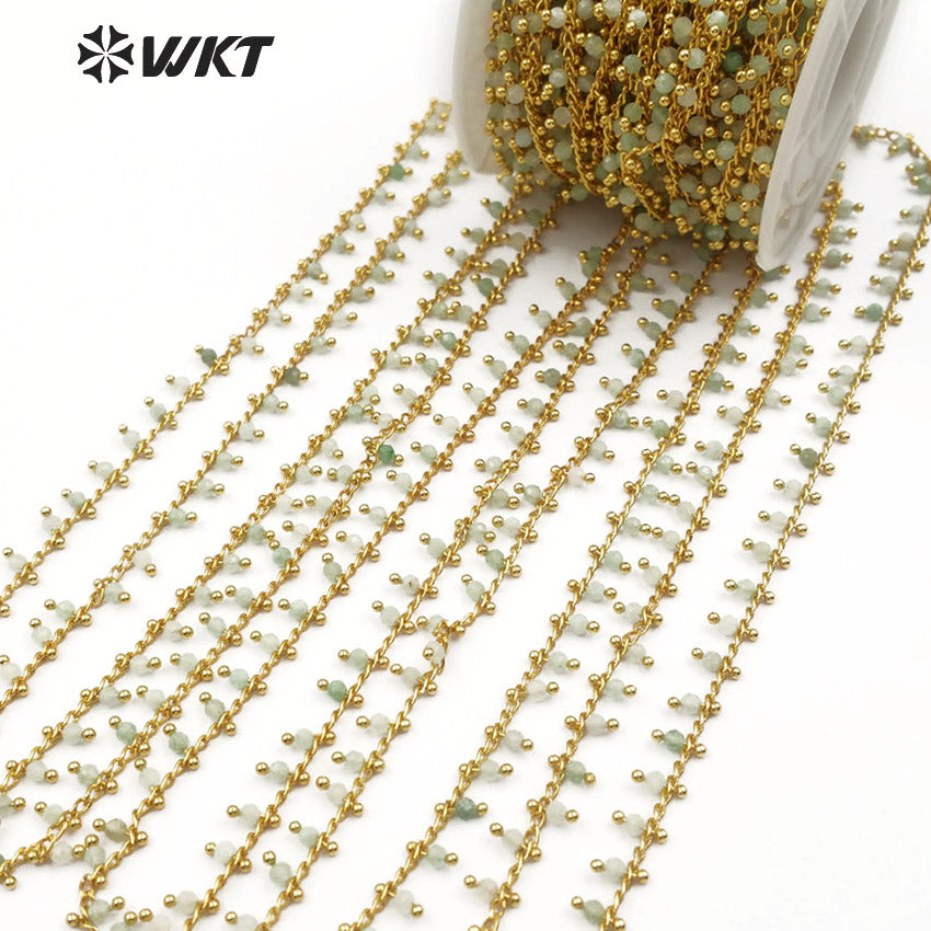 WT-RBC084 Wholesale Fashion Chain Sales by Meter a Combination of Green Chalcedony and Gold Beads Light Green Rosary Brass Chain