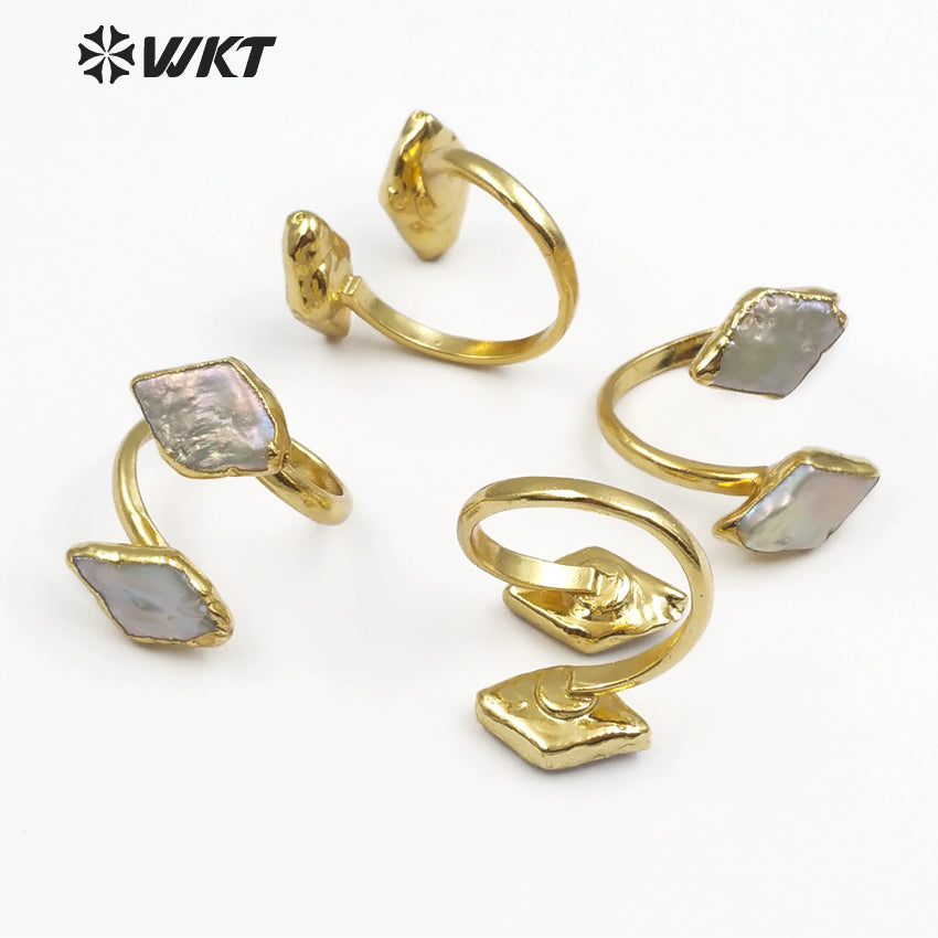 WT-R326 Classic Ring With Natural Shell Ring Embellished Geometric Elements Rhombus Ladies Double Layer Adjustable Pearl Ring