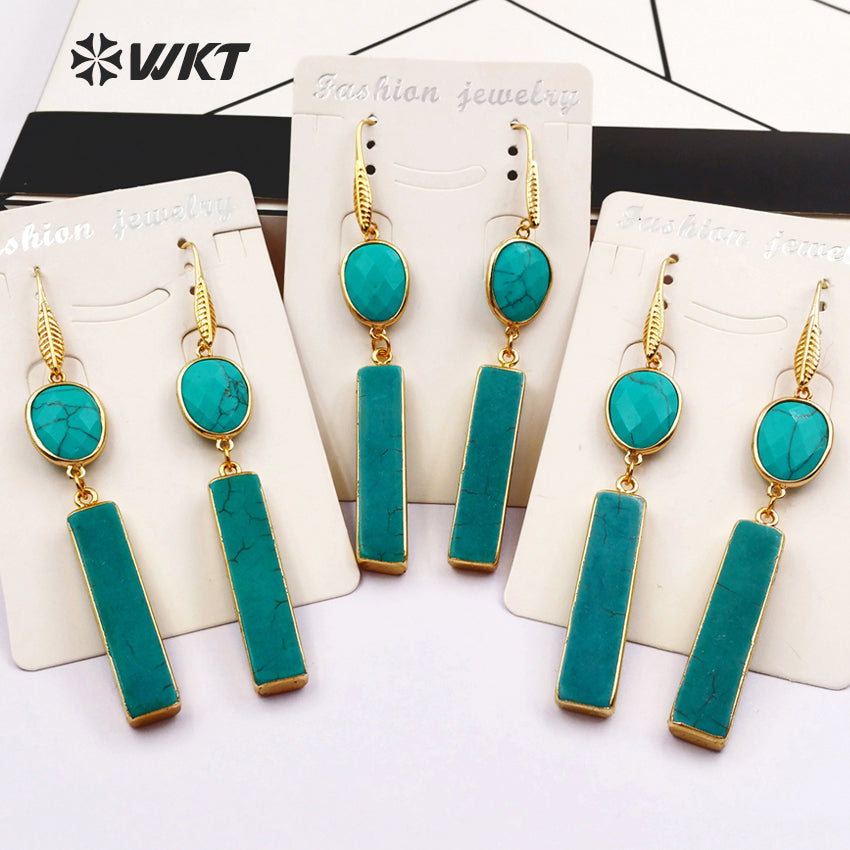 WT-E423 New!!! Green Natural Stone Strip Fashion Style Hook Earrings Rectangle Oval 24K Plated Earrings Faced Stone Earrings