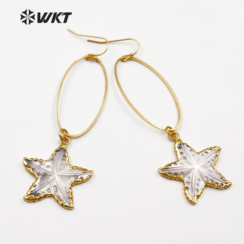 WT-E437 WKT Wholesale Natural Shell Star Earrings Dangle Ring With Sea Star Shape Pendant Elegant Earrings for Women Gift Making