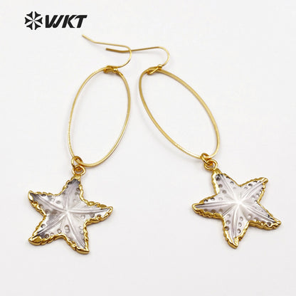 WT-E437 WKT Wholesale Natural Shell Star Earrings Dangle Ring With Sea Star Shape Pendant Elegant Earrings for Women Gift Making