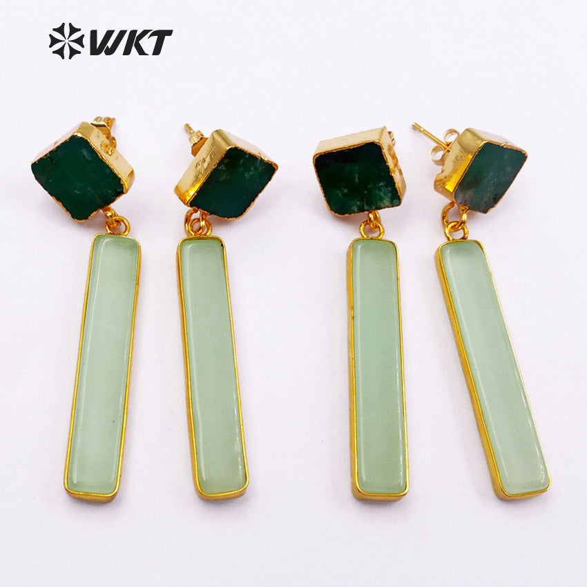 WT-E420 Simple Style Women Dangle Stone Earrings 24K Metal Plated Dark and Light Green Natural Stone Drop Earring Jewelry